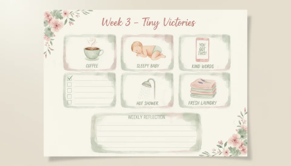 Illustrated journal page layout in soft watercolor style showing a weekly gratitude spread. Header reads "Week 3 - Tiny Victories" in gentle handwritten script. Five small panels show: a coffee cup with steam, a sleeping baby, a supportive text message on phone, a warm shower, and folded laundry. Each panel has a small checkbox and space for notes. Color palette of sage green, dusty rose, and cream. Loose, organic borders and delicate floral corner details. Educational, template-like composition with clear sections and inviting blank spaces.