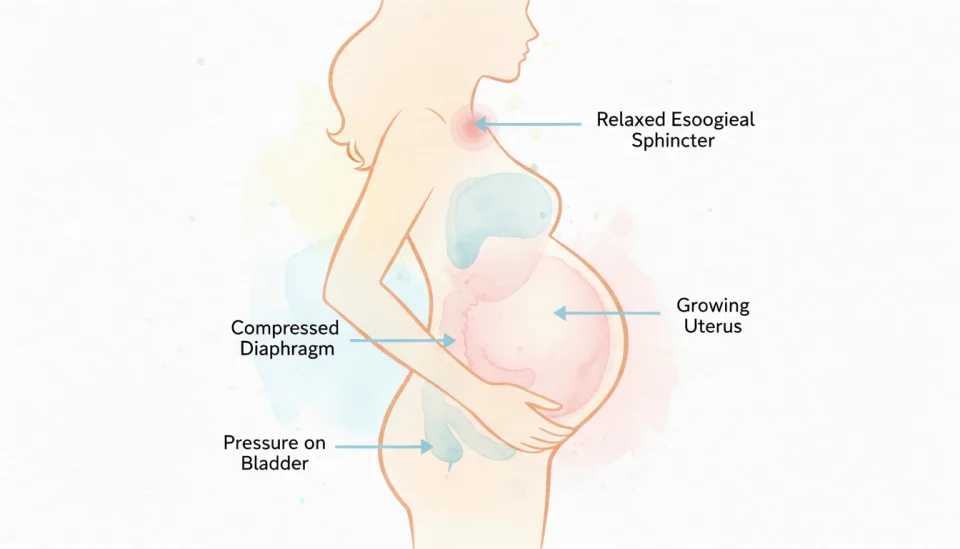 Educational watercolor infographic showing a side-view silhouette of a pregnant woman in third trimester with gentle anatomical overlay, labeled areas in English showing "Growing Uterus", "Pressure on Bladder", "Compressed Diaphragm", "Relaxed Esophageal Sphincter", soft medical illustration style with pastel pink, cream and light blue tones, clean simple labels with arrows, warm and reassuring visual approach, delicate watercolor washes creating a non-clinical, approachable educational image