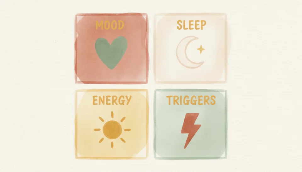 Watercolor illustration in warm earth tones showing a simple four-panel step-by-step guide layout, each panel labeled in English: MOOD, SLEEP, ENERGY, TRIGGERS, featuring small symbolic icons like a heart, moon, sun and lightning bolt, hand-drawn aesthetic with soft edges, educational infographic style, pastel palette of terracotta, mustard yellow, sage and cream, flat lay perspective from above, clear visual hierarchy, evoking feelings of organization and empowerment