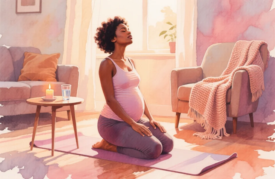 Delicate watercolor scene in warm terracotta, dusty rose and cream tones depicting a pregnant African woman in late afternoon light, kneeling on a yoga mat in her living room, hands resting on her thighs, practicing box breathing with eyes gently closed, beside her a small table with a burning candle and a glass of water, cozy home setting with a knitted blanket draped over a nearby chair, painted with soft edges and peaceful energy
