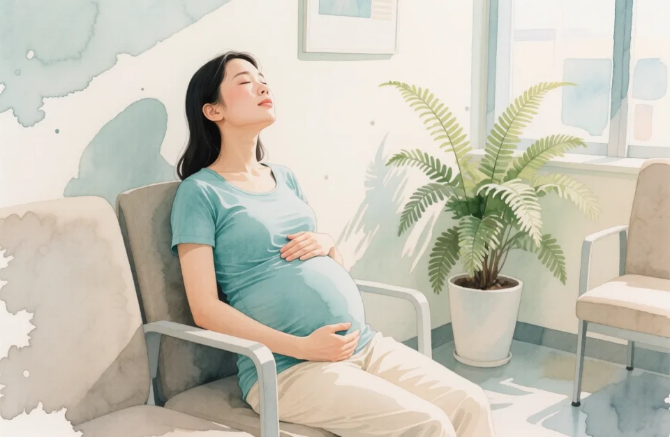 Watercolor scene of a young Asian pregnant woman sitting in a modern prenatal clinic waiting room, soft afternoon light filtering through frosted glass, she sits upright on a comfortable chair with eyes gently closed practicing breathing, one hand on her heart and one on her rounded belly, wearing a soft teal maternity top, calming neutral tones of beige cream and sage green, a potted fern in the background, atmosphere of quiet courage and self-soothing, medium close-up shot from slightly elevated angle, delicate watercolor washes suggesting tranquility