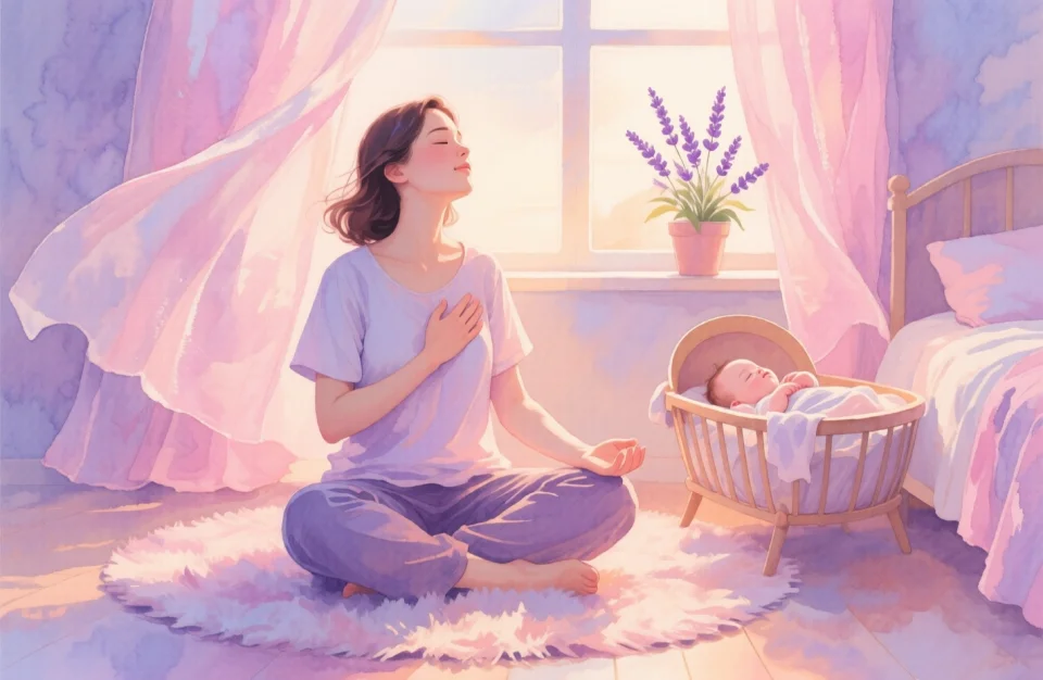 Watercolor illustration of a young mother sitting cross-legged on a soft bedroom rug at dawn, gentle pink and lavender light streaming through sheer curtains, her eyes closed in peaceful concentration, one hand resting on her heart and the other on her knee, soft focus on her calm facial expression, surrounding details include a sleeping baby in a bassinet nearby, potted lavender plant on windowsill, warm pastel tones creating atmosphere of gentle awakening and inner peace, painted with flowing brushstrokes and subtle color gradients