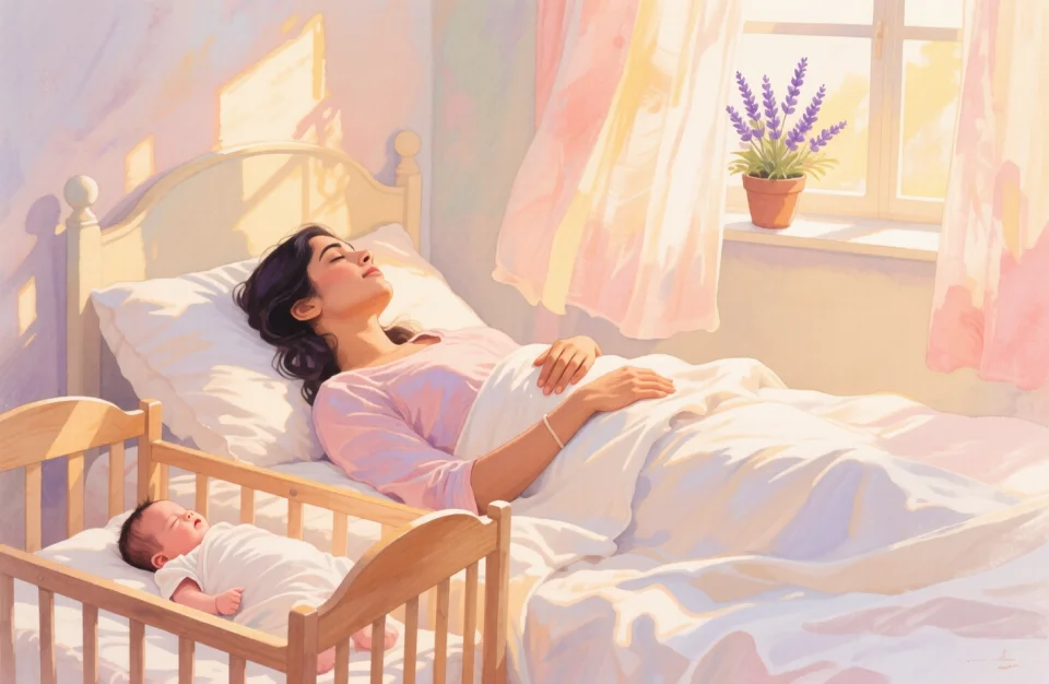 Soft watercolor scene of a South Asian woman in her early thirties resting peacefully in a sunlit bedroom with warm golden afternoon light streaming through sheer curtains, she lies on her side in a comfortable bed with soft white linens, one hand gently resting on her lower abdomen, her newborn baby sleeps in a wooden bassinet beside her, the room features pastel tones of cream and soft peach, potted lavender on the windowsill, a sense of calm recovery and gentle new motherhood, delicate brushstrokes, dreamy and nurturing atmosphere