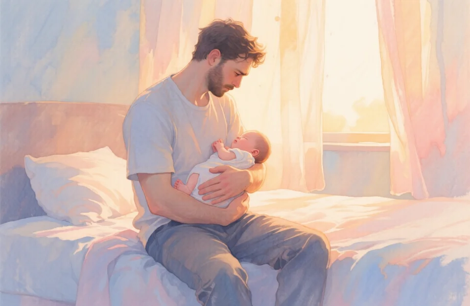 Watercolor illustration of a young father sitting on the edge of a bed in a softly lit bedroom at dawn, holding a sleeping newborn against his chest, his expression thoughtful and tender yet visibly tired, warm golden light streaming through sheer curtains, muted pastel tones of peach, soft blue, and cream, gentle brushstrokes creating a calm, intimate, and emotionally honest atmosphere
