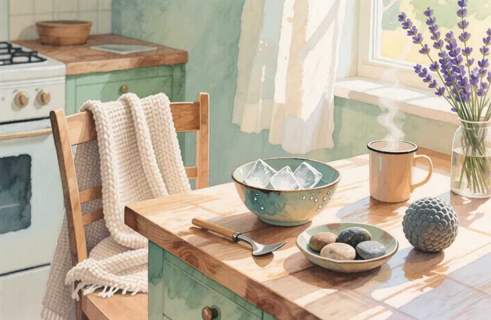 Watercolor still life composition on wooden kitchen counter showing grounding tools arranged artfully: bowl of ice cubes with water droplets, soft knitted blanket draped over chair, smooth river stones in ceramic dish, textured stress ball, warm mug steaming gently, lavender bundle, all bathed in soft afternoon sunlight from nearby window, painted with delicate brushwork emphasizing different textures and temperatures, calming sage green and warm beige color palette, shallow depth of field effect