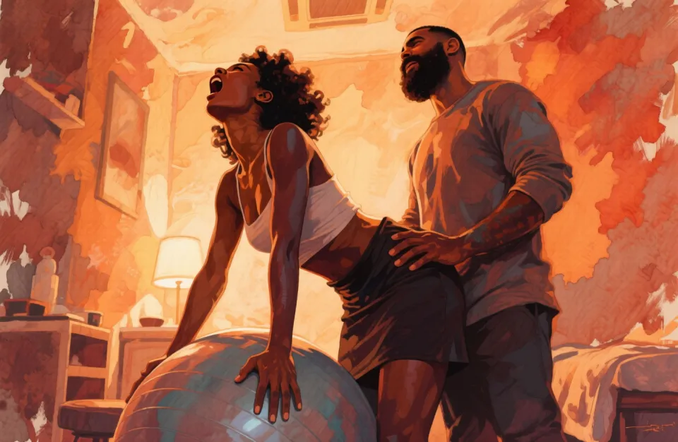 Watercolor scene of a woman with African heritage in her late twenties standing in a warm, dimly lit birth center room, leaning forward against a birth ball, head tilted back slightly, mouth open in a deep, resonant vocalization, her partner beside her with a supportive hand on her lower back, soft amber and terracotta tones, empowering and raw atmosphere, medium shot from a low angle, deep depth of field capturing both figures