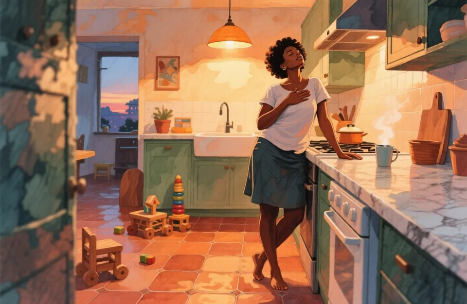 Watercolor scene of a young African mother in her cozy kitchen at early evening, warm pendant light glowing above, she stands barefoot on terracotta tiles, eyes gently closed, one hand on her heart, the other resting on the cool marble countertop, soft focus on a steaming mug and scattered wooden toys in the background, rich warm tones of amber, terracotta, and sage green, medium shot from slightly low angle, peaceful grounding moment, soft bokeh effect