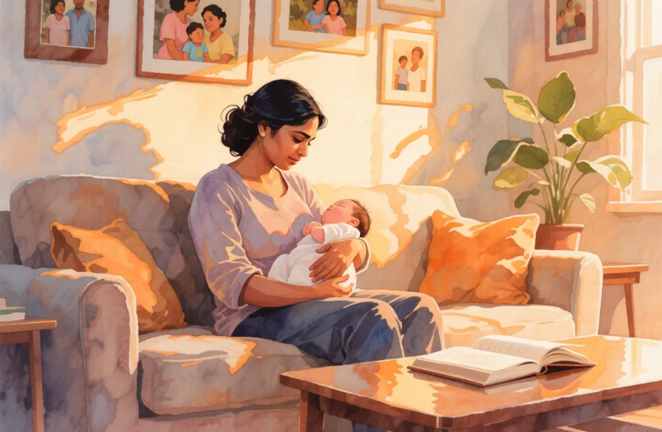 Watercolor scene of a diverse mother (South Asian features) sitting on cozy living room sofa in late afternoon golden hour light, gently holding her peacefully sleeping newborn, her eyes looking down with serene expression, one hand resting protectively on baby, soft focus background showing family photos on wall, houseplant in corner, open journal on coffee table, painted with warm amber and soft cream tones, intimate low angle perspective emphasizing safety and calm, delicate brushstrokes creating atmosphere of present moment awareness
