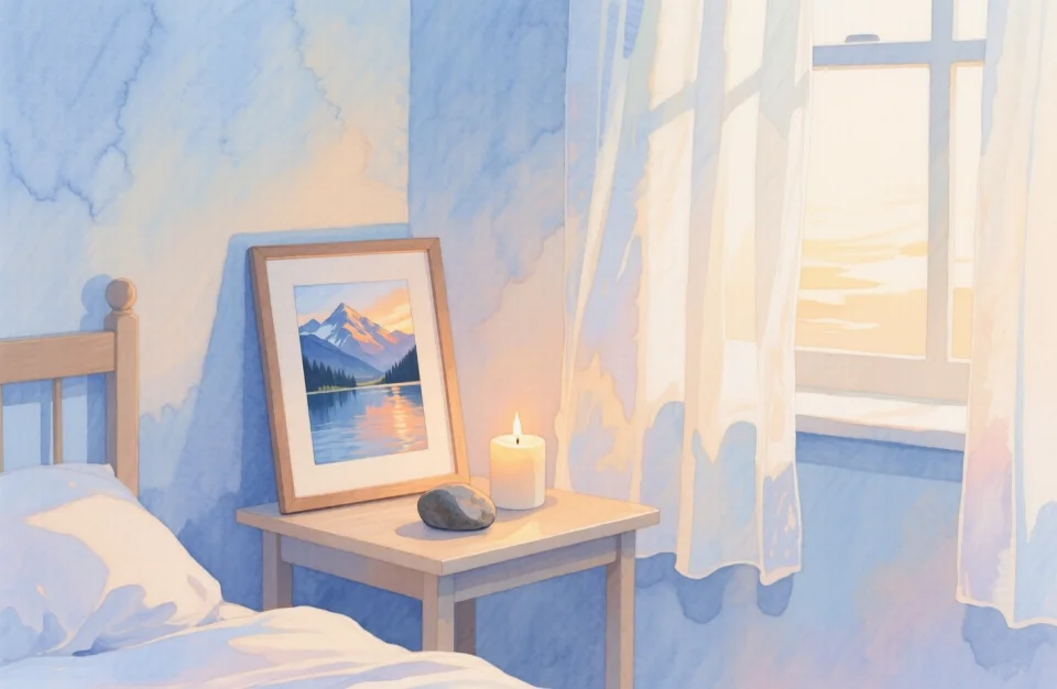 Watercolor illustration of a serene birthing room corner with a small table displaying a framed photo of a mountain lake at sunrise, a flickering LED candle, and a smooth river stone, soft morning light streaming through sheer curtains, pastel blues and warm cream tones, peaceful and meditative atmosphere, close-up still life composition, shallow depth of field, tranquil mood
