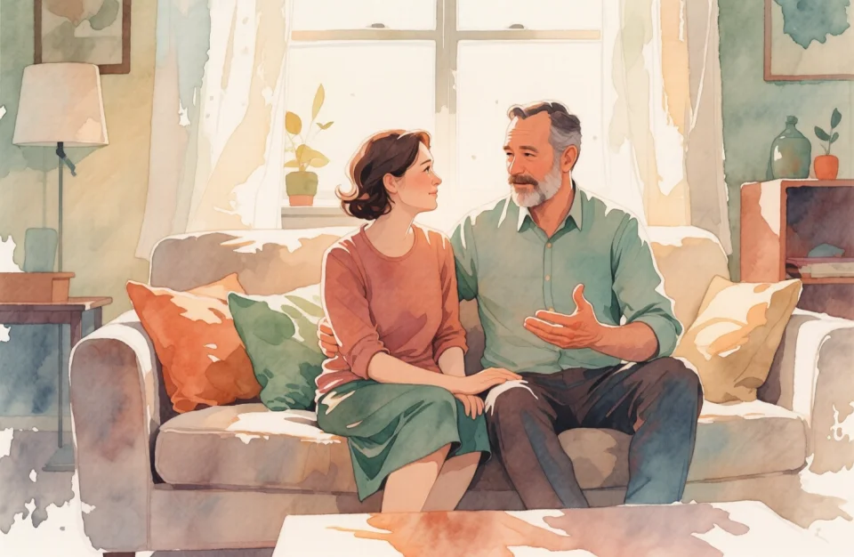 Watercolor illustration of a couple sitting together on a couch in a cozy living room, soft afternoon light filtering through a window, the father speaking gently while the mother listens with a supportive expression, warm tones of terracotta, sage green, and cream, delicate brushwork emphasizing connection, empathy, and quiet intimacy