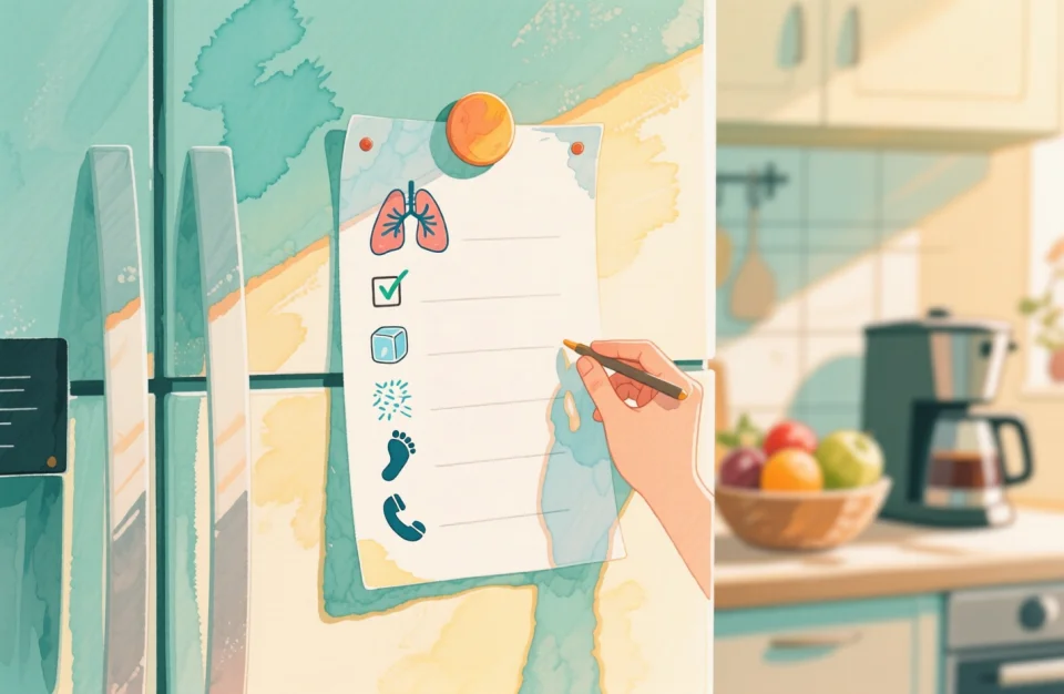Watercolor illustration of a printed checklist magnetically attached to modern refrigerator door, soft morning light illuminating the paper, visible checkboxes and simple icons (breathing lungs, ice cube, footprints, phone), hand-drawn aesthetic with gentle shadows, kitchen background softly blurred showing fruit bowl and coffee maker, painted in soothing mint green and warm yellow tones, medium close-up perspective emphasizing the accessibility and practicality of the tool, delicate watercolor washes and fine detail work