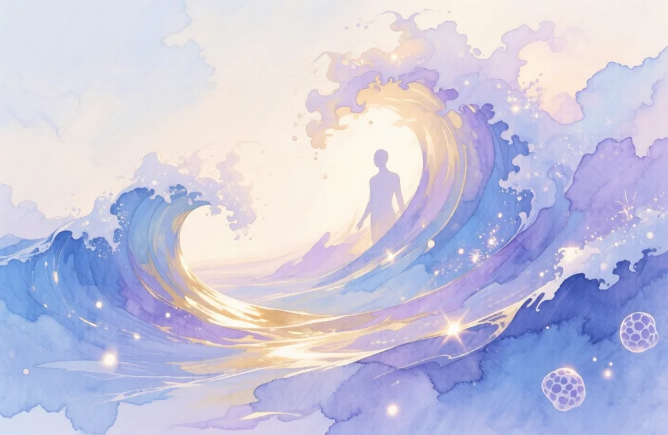 Conceptual watercolor artwork depicting the healing journey through abstract flowing waves in soothing gradients of soft blue, lavender and pale gold, the waves start small and gentle on the left side and gradually expand and deepen toward the right, symbolizing breath expansion and growing strength, delicate sparkles of light scattered throughout suggesting cellular healing and recovery, no human figures, meditative and hopeful mood, ethereal and fluid brushstrokes, sense of gentle progression and renewal