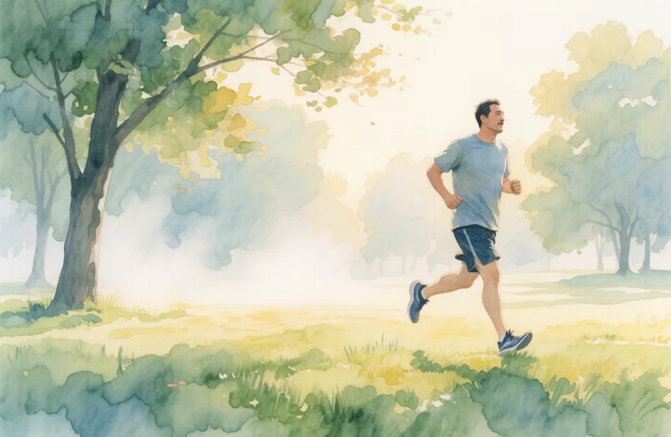 Watercolor illustration of a father jogging alone through a quiet park at early morning, soft mist rising from the grass, gentle sunlight breaking through trees, wearing casual athletic clothes, expression calm and focused, muted greens, soft yellows, and pale blues, loose, flowing brushstrokes evoking a sense of renewal and self-care