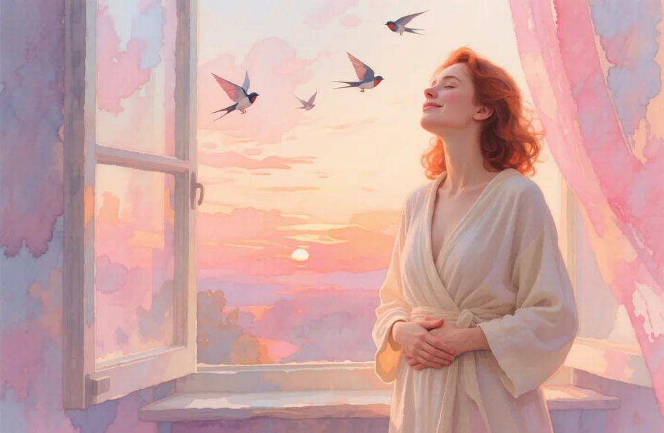 Warm watercolor scene of a European woman with auburn hair in her thirties standing by an open window at dawn, soft pink and orange sunrise light illuminates her face, she takes a deep mindful breath with her eyes gently closed and a peaceful smile, she wears a comfortable robe in cream tones, her hand rests lovingly on her healing abdomen, a sense of quiet strength and new beginnings, birds visible in the sky outside, delicate and hopeful atmosphere, transparent layered washes and gentle color transitions