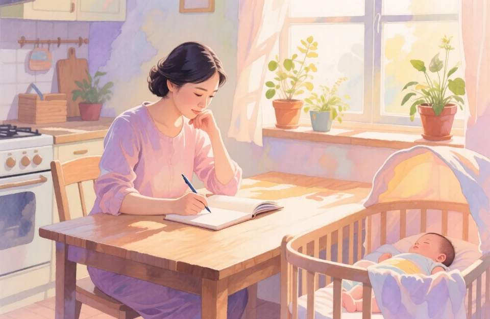 Soft watercolor scene of an Asian mother sitting at a wooden kitchen table in warm morning light streaming through a window, her sleeping baby in a bassinet beside her, she holds a pen over a journal with gentle pastel tones of peach, lavender, and soft yellow, the atmosphere is quiet and contemplative, shallow depth of field focusing on her thoughtful expression, 35mm perspective capturing the intimacy of the moment, potted herbs on the windowsill add life and hope to the composition