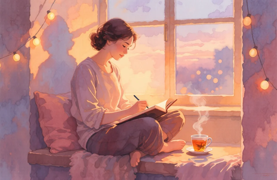 Watercolor illustration in soft amber and dusty rose tones showing a mother sitting cross-legged on a cozy window seat at twilight, warm lamplight illuminating her peaceful face as she writes in a journal, a steaming cup of herbal tea beside her, delicate shadows dancing on the wall, gentle bokeh from string lights in the background, intimate close-up perspective capturing her serene expression, shallow depth of field, dreamy atmosphere of quiet reflection and gratitude