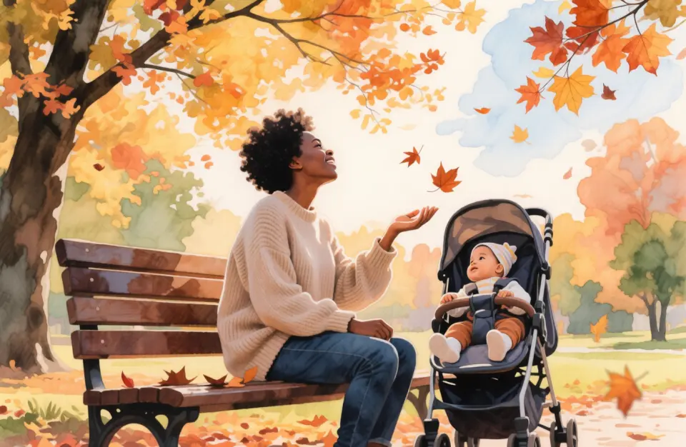 Watercolor scene of an African mother in a soft oversized sweater sitting on a park bench under autumn trees with golden and rust-colored leaves, her baby in a stroller beside her, she looks peacefully at the falling leaves, warm afternoon light filters through branches, medium shot from a low angle emphasizing the open sky, colors of amber, ochre, and soft green, atmosphere of gentle renewal and quiet joy, 50mm portrait feel with soft bokeh