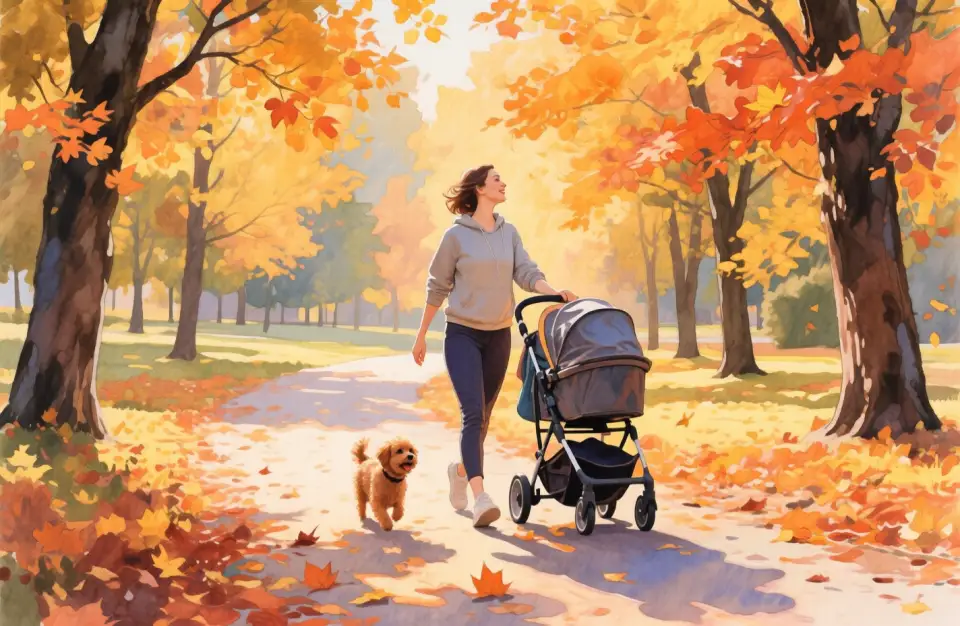 Watercolor scene of a mother pushing a modern stroller through a tree-lined park path in autumn, dappled afternoon sunlight filtering through golden and orange leaves, her posture relaxed and content, wearing comfortable athleisure clothing, a small dog walking alongside, vibrant fall colors of amber and rust, impressionistic style with loose brushwork, sense of movement and fresh air, uplifting and energizing mood
