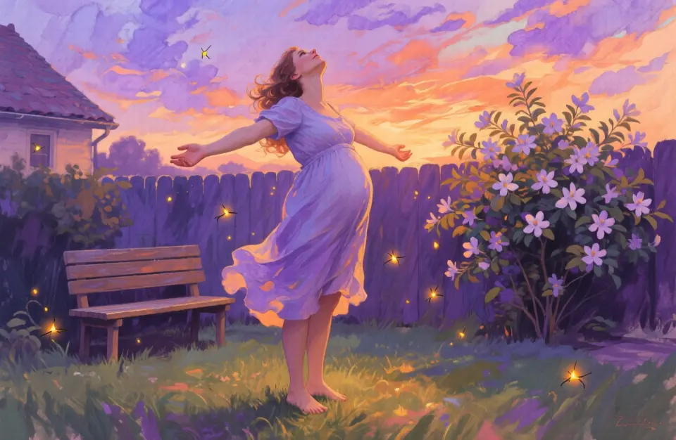 Watercolor scene of a pregnant European woman standing barefoot on cool grass in a backyard at dusk, arms stretched wide, head tilted back, breathing deeply, soft purple and orange sky, fireflies beginning to glow, a wooden bench and flowering jasmine bush nearby, impressionistic brushwork with flowing washes of lavender and amber, evoking freedom and renewal