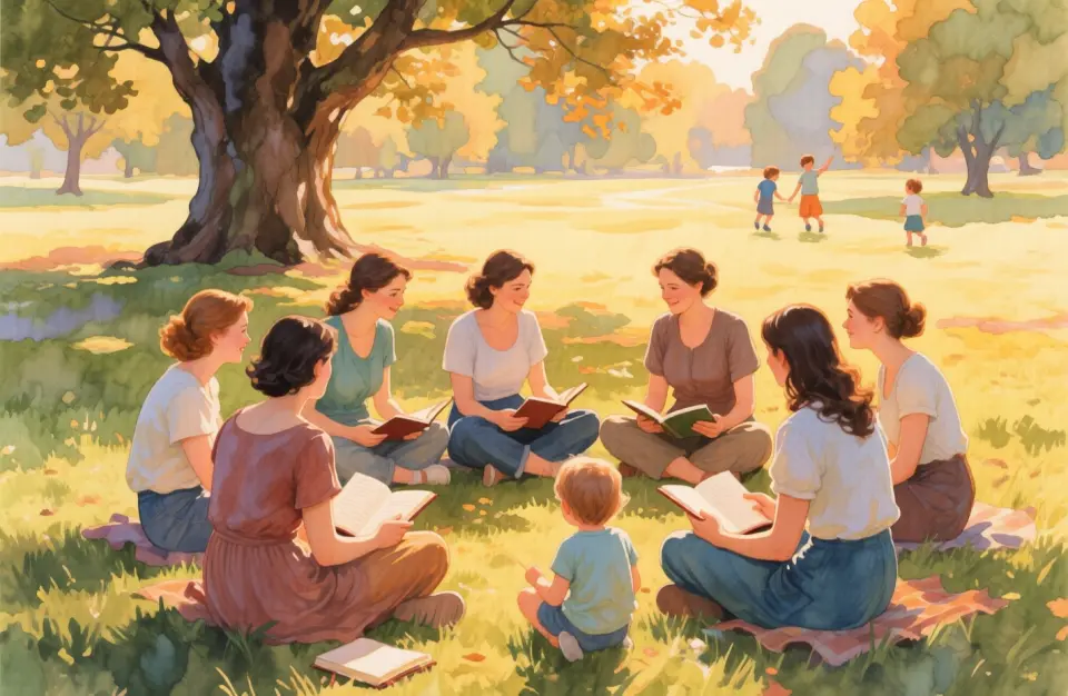 Watercolor scene in warm golden hour light showing diverse mothers sitting in a circle on a sunlit park meadow, journals open on their laps, children playing peacefully in soft focus background, dappled shade from an old oak tree, expressions of contentment and connection, medium wide shot capturing the community aspect, rich earth tones mixed with fresh greens, gentle brushstrokes creating dreamy nostalgic atmosphere of shared motherhood journey