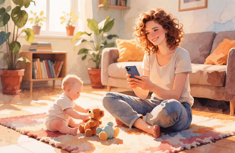 Watercolor scene of a European mother with curly hair sitting cross-legged on a cozy rug in a sunlit living room, her baby playing with soft toys beside her, she holds a smartphone showing a wellness app interface, warm tones of honey, cream, and soft terracotta, medium close-up from eye level, 50mm lens feel with shallow depth of field, atmosphere of modern motherhood blending technology and tenderness, potted plants and books in soft focus background