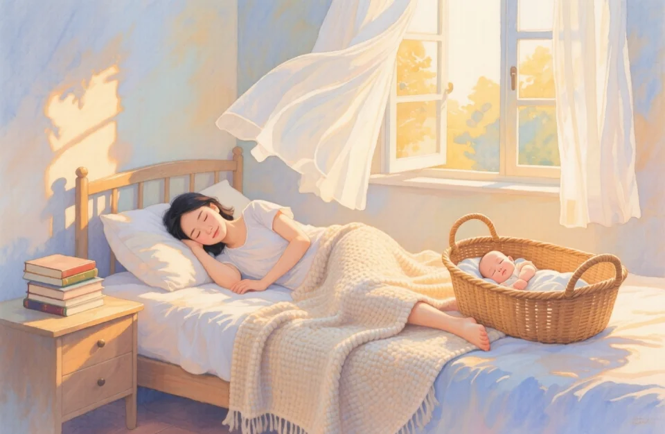 Watercolor scene of a young Asian mother napping peacefully on a daybed near an open window, soft breeze moving sheer white curtains, her baby sleeping in a woven bassinet beside her, late afternoon golden light, palette of warm honey, soft cream, and pale blue, wide angle capturing the tranquil bedroom with knitted blankets and a small stack of books on the nightstand, gentle brushstrokes evoking deep rest and safety