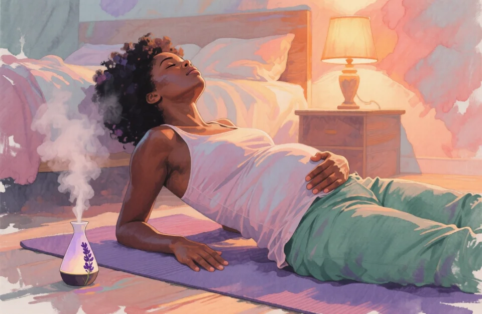 Watercolor depiction of a pregnant African woman lying on a yoga mat in a softly lit bedroom at twilight, one hand on her heart and one on her belly, eyes gently closed, a diffuser releasing lavender mist in the background, warm amber glow from a bedside lamp, muted tones of dusty rose and sage green, tranquil and nurturing atmosphere, loose brushstrokes and subtle color gradients typical of watercolor art
