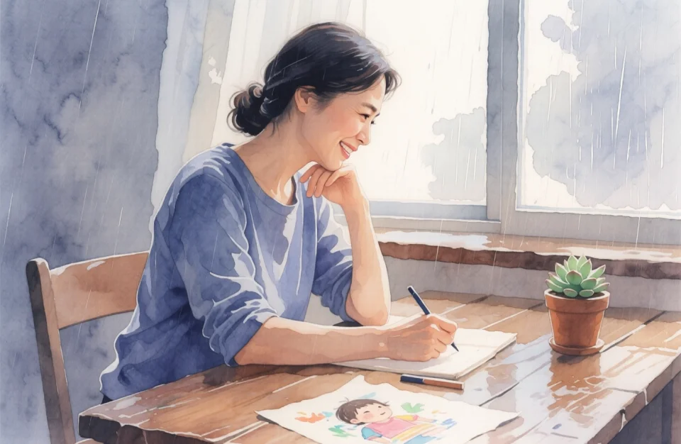 Watercolor close-up portrait of an Asian mother in her thirties sitting at a rustic wooden desk by a rain-streaked window, soft grey daylight illuminating her thoughtful smile as she writes, a small potted succulent and a child drawing visible in the foreground, shallow depth of field focusing on her peaceful expression, muted palette of slate blue, warm taupe, and soft white, intimate atmosphere of quiet determination and self-care, delicate brushwork suggesting gentle introspection