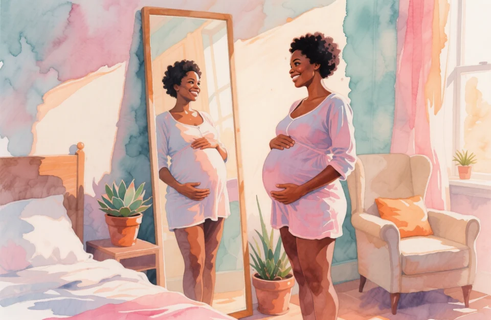 Watercolor portrait of a confident African mother standing in front of a full-length mirror in a softly lit bedroom, wearing comfortable postpartum clothes, gently placing both hands on her belly with a tender smile, morning light from a side window, palette of warm ochre, soft blush pink, and muted teal, medium close-up capturing her reflective, loving gaze, potted succulents and a cozy armchair in the background, brushstrokes conveying self-acceptance and quiet pride