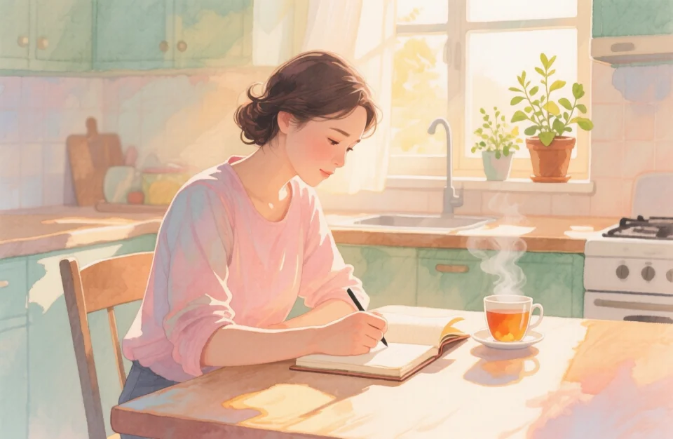 Soft watercolor illustration showing a young mother sitting at a sunlit kitchen table in the late afternoon, journaling in a notebook with warm golden light streaming through a window, potted herbs on the windowsill, a steaming cup of tea beside her, gentle shadows creating a peaceful atmosphere, pastel tones of peach, sage green and cream, intimate close-up perspective at eye level capturing her focused expression, shallow depth of field with blurred background suggesting quiet domestic tranquility, evoking feelings of self-reflection and calm mindfulness