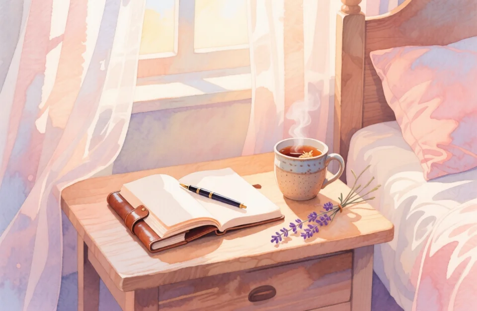 Soft morning light filtering through sheer curtains onto a simple wooden bedside table, watercolor style with gentle peach and cream tones. A small leather journal lies open with a fountain pen resting across blank pages, next to a steaming cup of herbal tea in a handmade ceramic mug. Delicate dried lavender sprigs and a baby