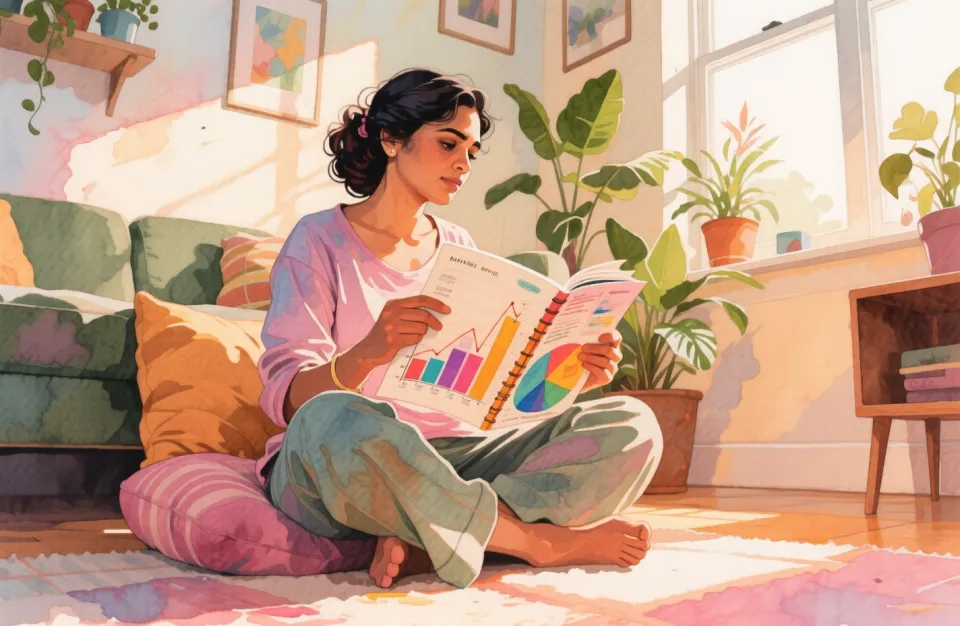 Watercolor scene of a diverse mother with South Asian features sitting cross-legged on a cozy floor cushion in a bright living room corner on Sunday morning, natural light flooding through large windows, reviewing a colorful journal spread with graphs and notes, houseplants in background, wearing comfortable loungewear, low angle perspective looking slightly up, 35mm documentary style with deep depth of field showing the intimate home environment, warm tones of amber, soft pink and olive green, evoking feelings of peaceful self-discovery and gentle determination