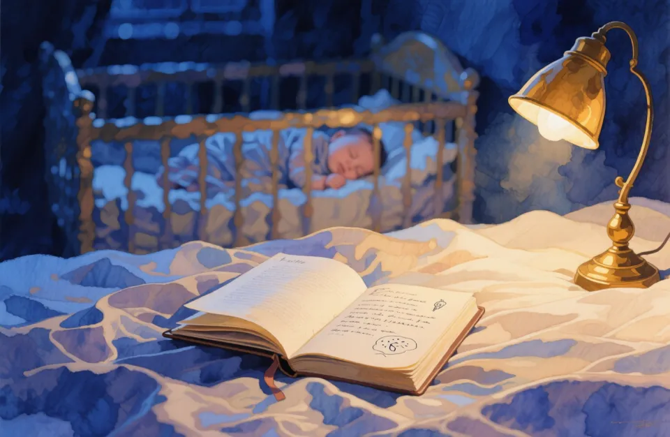 Intimate nighttime scene captured with shallow depth of field, 85mm portrait lens aesthetic. A journal lies open on rumpled bed sheets in soft lamplight, showing handwritten text and small doodles. In the softly blurred background, a bassinet with a sleeping baby is barely visible. The composition emphasizes the journal in sharp focus while the rest fades into dreamy bokeh. Watercolor rendering in deep indigo, warm cream, and touches of gold from the lamp. Mood is quiet, introspective, and tender.