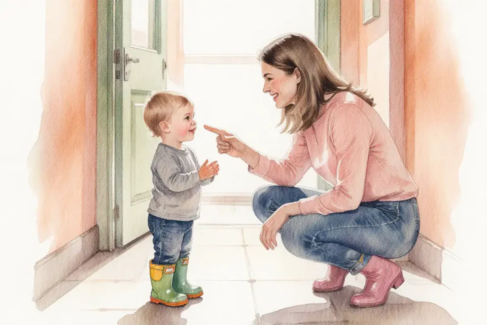 Warm watercolor illustration showing a young European mother kneeling at eye level with her curious toddler in a sunlit hallway, both smiling gently at each other, soft morning light streaming through a window, pastel tones of peach and sage green, the child holding colorful rain boots while the mother gestures kindly, atmosphere of connection and mutual respect, painted with delicate brush strokes and soft edges