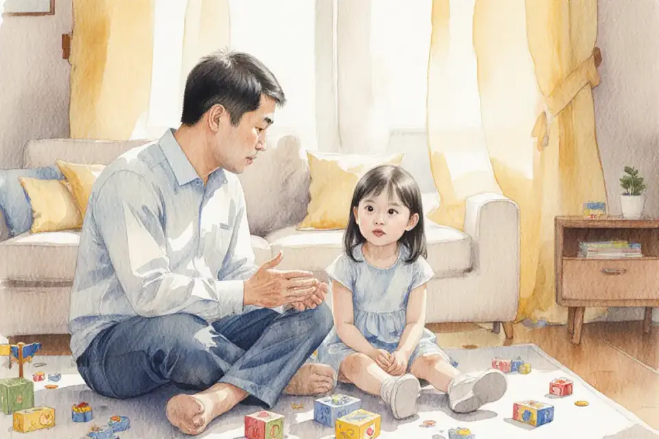 Soft watercolor scene of an Asian father and his five-year-old daughter sitting together on a cozy living room floor surrounded by scattered toys, he is calmly explaining something with gentle hand gestures, she listens attentively with wide eyes, warm afternoon light filtering through sheer curtains, color palette of honey yellow and soft blue, atmosphere of trust and understanding, painted with flowing watercolor washes