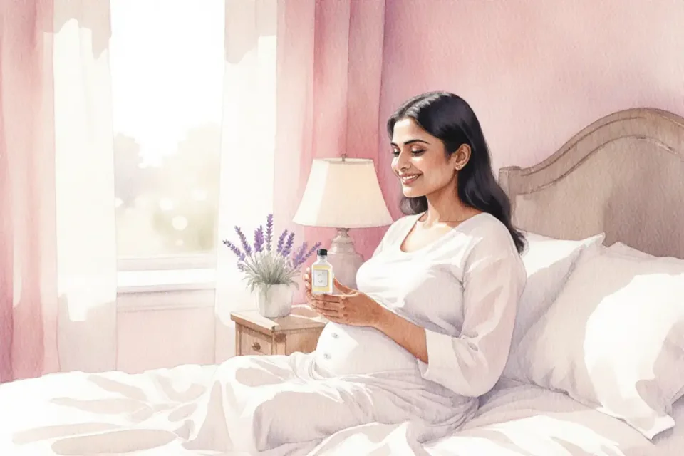 Soft watercolor illustration showing a pregnant South Asian woman in her second trimester sitting comfortably on a sunlit bed with white linen sheets, holding a small elegant bottle in her hands with a gentle smile, warm morning light streaming through sheer curtains, peaceful bedroom atmosphere with potted lavender on nightstand, pastel pink and cream tones, intimate and reassuring mood, medium shot at eye level, shallow depth of field creating dreamy bokeh in background