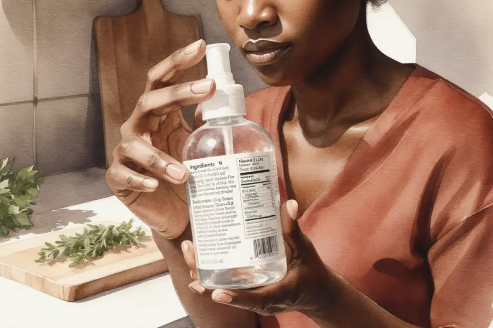 Detailed watercolor close-up of African woman hands with natural manicure holding a transparent bottle of lubricant, carefully reading the ingredient list on the back label, soft focus on concentrated facial expression in background, warm afternoon light creating gentle shadows, kitchen counter setting with fresh herbs and natural wood cutting board visible, earthy tones of terracotta and sage green, intimate documentary style, 85mm portrait lens perspective, emphasis on mindful product selection