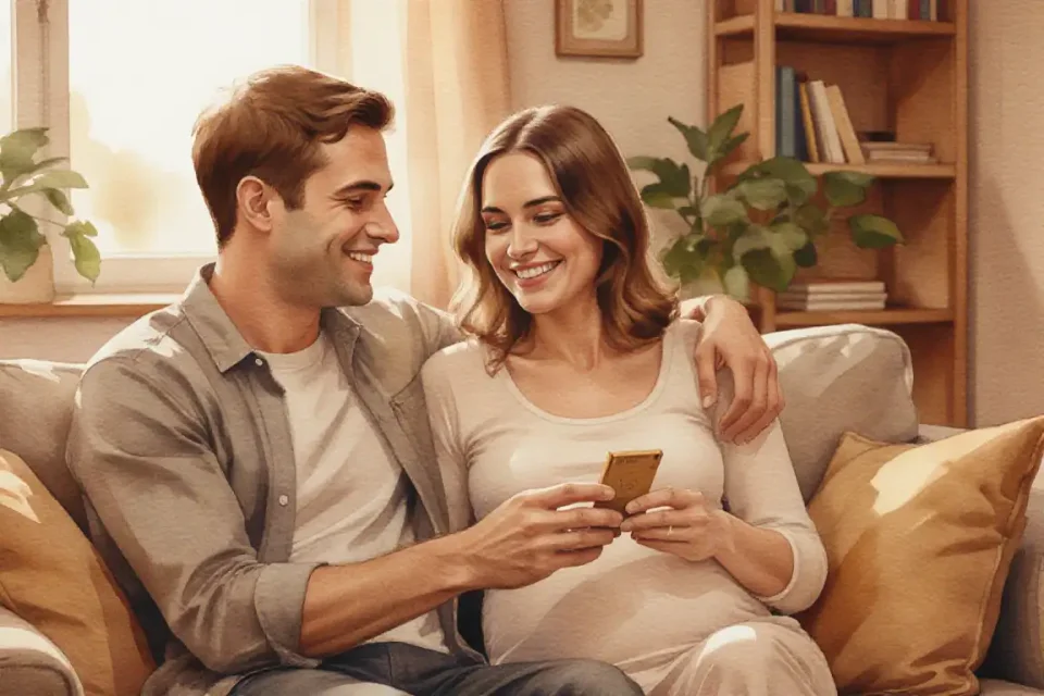Warm watercolor scene of a European couple in their thirties sitting together on a cozy living room sofa during golden hour, having an intimate conversation while looking at a small product together, soft smiles and comfortable body language, woman visibly pregnant in casual home wear, man gently touching her shoulder, warm amber and cream color palette, plants and books on shelves in soft focus background, natural window light from the side, 35mm reportage style capturing authentic connection and communication