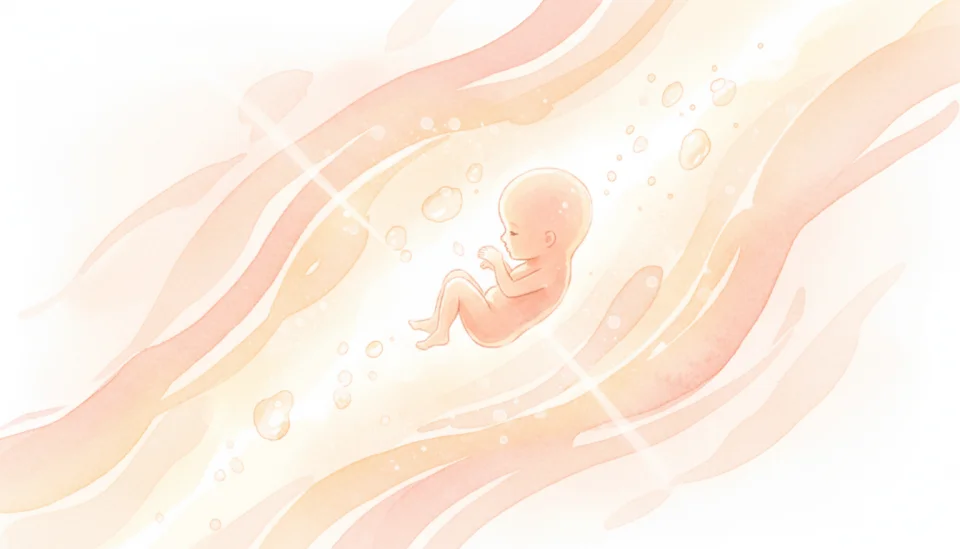 Soft watercolor illustration in warm peachy-pink and golden tones showing a close-up view of a tiny translucent embryo resembling a delicate tadpole shape, floating peacefully in gentle amniotic fluid with subtle light rays filtering through, creating a dreamy ethereal atmosphere, painted with flowing brushstrokes and soft color gradients, evoking wonder and tenderness, viewed from a slightly angled perspective as if looking into a precious secret world