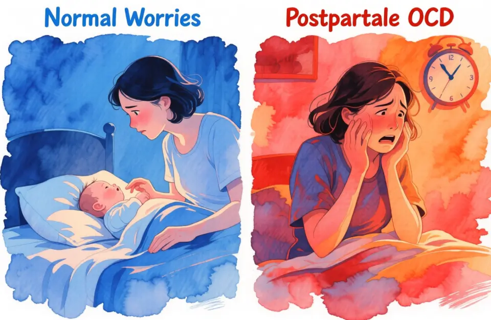 Watercolor illustration showing two contrasting panels side by side: LEFT panel labeled "Normal Worries" shows a mother peacefully checking on baby once before bed with soft blue tones; RIGHT panel labeled "Postpartum OCD" shows the same mother repeatedly checking with anxious expression, clock showing 3am, warm orange and red tones suggesting distress, gentle brushwork emphasizing the emotional difference between healthy concern and compulsive behavior