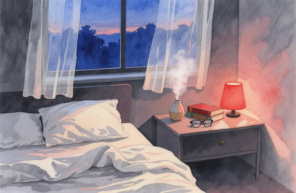 Watercolor illustration of a serene bedroom corner at dusk: a bedside table with a small ceramic diffuser emitting gentle mist, a dim red night light glowing softly, and a stack of two books beside a pair of reading glasses. The bed is partially visible with rumpled linen sheets in soft white and grey. Through sheer curtains, deep blue twilight is visible. The color palette is muted: charcoal, cream, soft rose, midnight blue. Medium shot from slightly above, creating an intimate, inviting atmosphere. Gentle watercolor textures, peaceful and uncluttered composition.