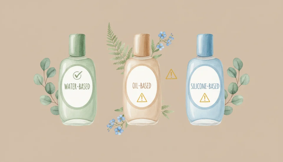 Educational watercolor illustration in infographic style showing three elegant bottles labeled WATER-BASED, OIL-BASED, and SILICONE-BASED arranged in a row, with a green checkmark above the water-based bottle and gentle warning symbols near the others, soft educational color palette of sage green, warm beige and sky blue, clean minimalist composition with small decorative botanical elements, flat lay perspective from above, crisp details with watercolor texture, informative yet warm aesthetic