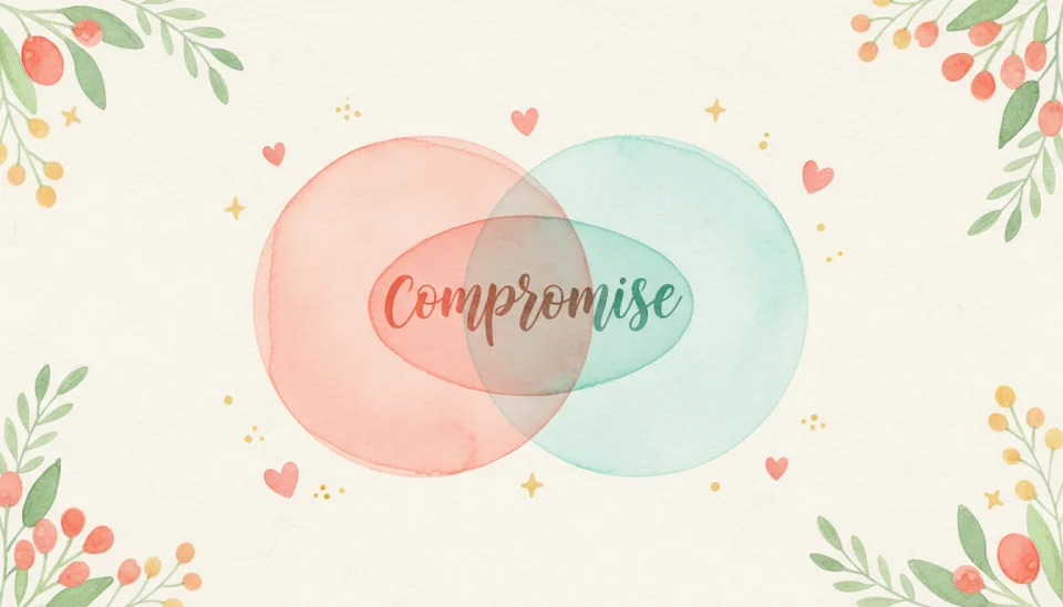 Watercolor illustration showing a simple visual diagram on a soft cream background: two overlapping circles (Venn diagram style) in gentle watercolor washes of coral and teal, in the overlapping center area the word COMPROMISE is written in elegant handwritten script, small watercolor hearts and stars scattered around, delicate botanical elements (leaves, small flowers) decorating the corners, the overall style is soft, hopeful and educational, painted with transparent layers and organic edges, flat lay perspective