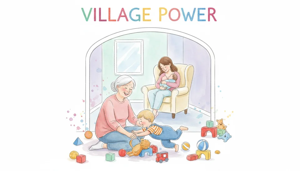 Watercolor illustration of a helpful scene, a grandmother playing with an energetic toddler in a colorful playroom while in the background through an open door a mother peacefully nurses her baby, bright primary colors for toys contrasting with soft pastels in the nursing area, joyful atmosphere, multi-generational support depicted, flowing watercolor technique with vibrant yet gentle color palette, text overlay reads VILLAGE POWER in playful handwritten font