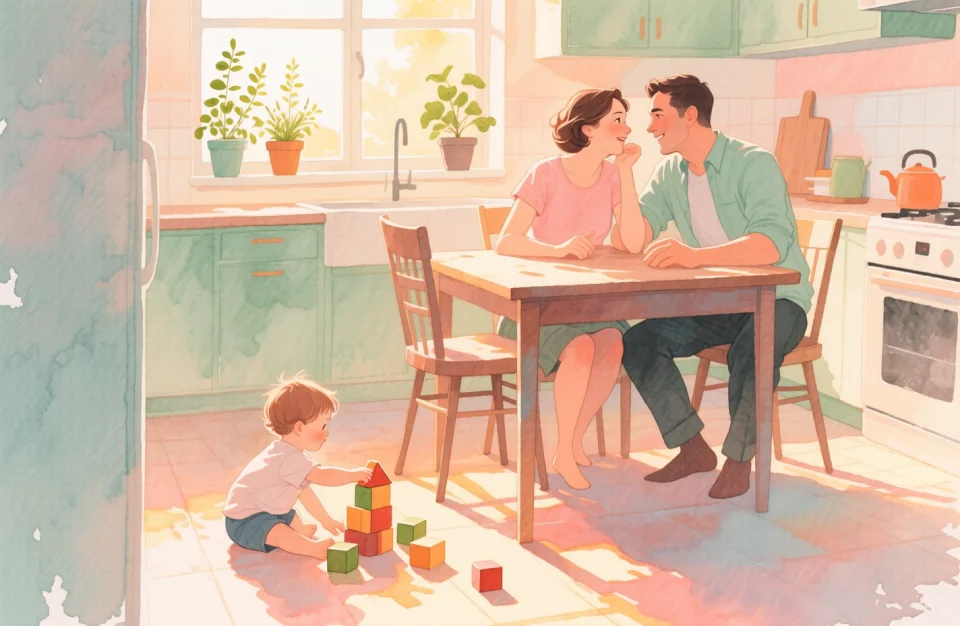 Watercolor illustration of two parents sitting together at a kitchen table in warm morning light, leaning toward each other in gentle conversation, a toddler playing peacefully with wooden blocks on the floor nearby, soft golden sunlight streaming through a window, potted herbs on the windowsill, the scene radiates warmth, understanding and partnership, painted in soft peach, sage green and warm cream tones with delicate brushstrokes, intimate perspective from slightly above, creating a sense of closeness and collaboration
