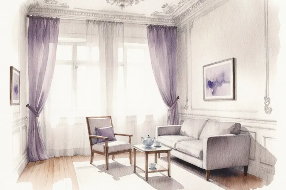 Watercolor illustration of a serene therapy room in a Viennese Altbau apartment, high ceilings with stucco details, a comfortable armchair and couch arranged for conversation, soft afternoon light filtering through gauze curtains, a small table with a teapot and two cups, muted tones of lavender, cream, and soft grey, delicate watercolor textures evoke trust and calm, a framed abstract art piece on the wall, inviting and safe environment