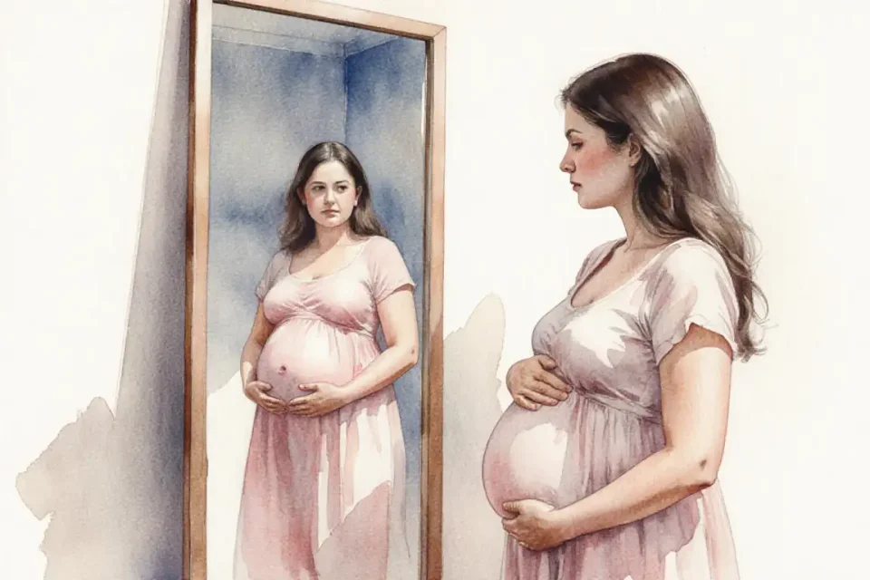 Watercolor painting of a heavily pregnant woman in the third trimester standing before a full-length mirror in soft afternoon light, wearing a flowing dress, gently cradling her belly with both hands, meeting her own gaze with quiet strength and tenderness. The mirror reflects her serene expression. Muted rose, warm beige, and dusty blue tones. Intimate, empowering, and deeply personal moment. Loose, expressive watercolor style with gentle light and shadow.