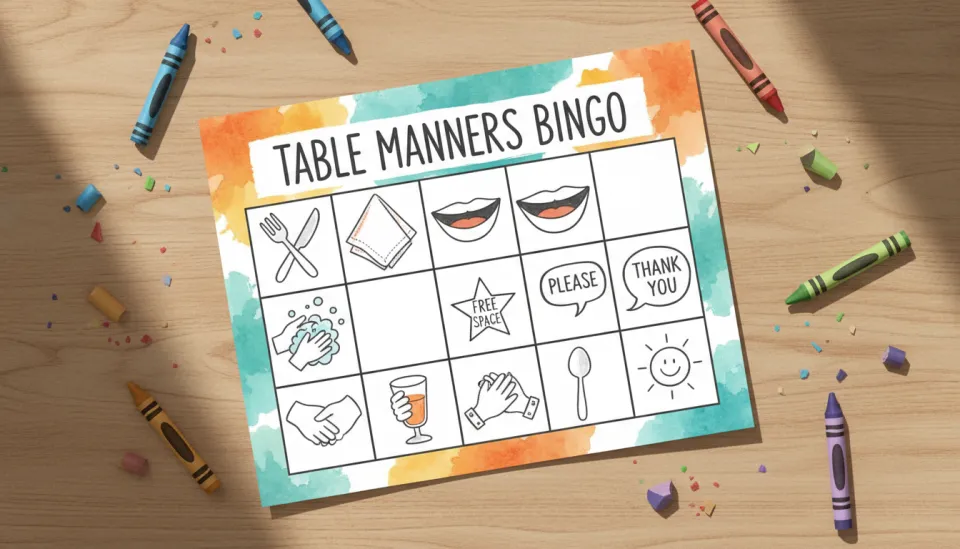 Watercolor illustration showing a colorful bingo card on a kitchen table with hand-drawn icons representing good table manners: fork and knife, napkin, smiling mouth, hands washing, saying please and thank you. Bright cheerful colors of orange, teal and yellow, child-friendly simple drawings, top-down view, crayons scattered around, playful educational atmosphere, soft natural daylight, encouraging and fun learning tool, text on card reads: TABLE MANNERS BINGO with simple icons in grid format