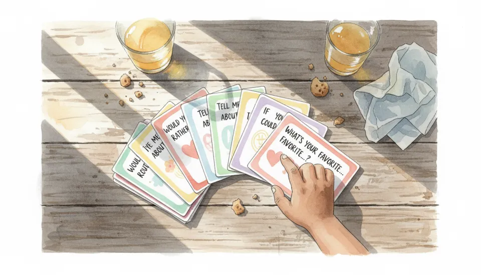Watercolor style illustration showing a colorful conversation starter card deck on a rustic wooden table, cards fanned out displaying playful question prompts in English like WOULD YOU RATHER and TELL ME ABOUT, soft pastel colors of mint green lavender and coral, top-down view with natural window light casting gentle shadows, a child hand of South Asian descent reaching for a card, warm inviting atmosphere with scattered crumbs and juice glasses suggesting a lived-in family moment, loose brushwork and transparent layers creating dreamy quality