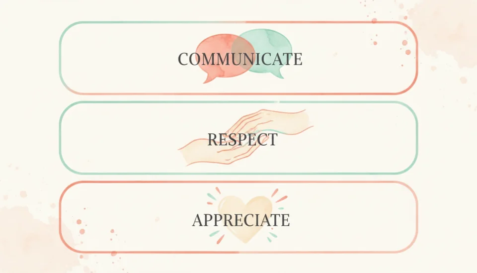 Watercolor illustration in soft coral, mint, and cream showing a simple infographic-style layout with three labeled panels: "COMMUNICATE" showing two speech bubbles overlapping, "RESPECT" showing two hands gently touching, "APPRECIATE" showing a heart with small stars, painted with clean lines and gentle color washes, text in elegant sans-serif font, overall feeling of harmony and clarity